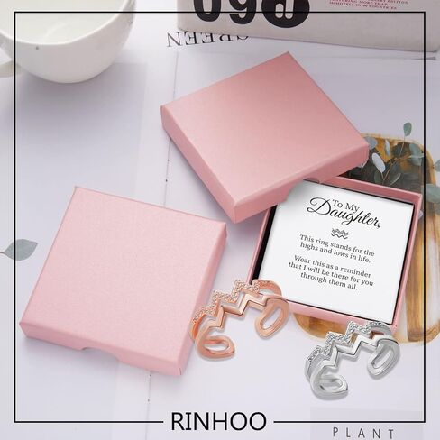 RINHOO To My Daughter حلقة ملهمة للارتفاعات والانخفاضات، حلقة نمط موجة مفتوحة قابلة للتعديل مطلية بالذهب عيار 14 قيراط مع زركون مرصع صغير للابنة في ابنة منخفضة الخطوة in Kuwait