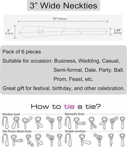 SELOUD, Pack of 6, Men's Fashion Silk Neck Tie for Men Classic Design 3 Inches (7.5cm) Wide White Gray Necktie for Wedding Business Party Bar, 57 in(145cm) x 3 in(7.5cm), FGE-6xST750 in Saudi Arabia