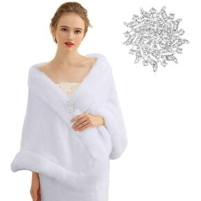 شال زفاف من الفرو الصناعي من كاسولفكس، شال شتوي من الفرو الصناعي للعرائس، شال لف من الفرو الصناعي بلون ابيض للعرائس ووصيفات العروس in Kuwait