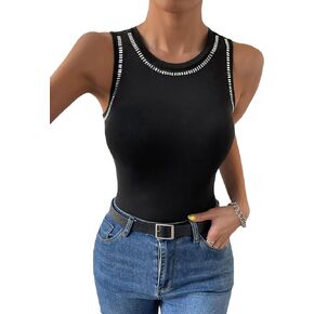 WDIRARA Women's Rhinestone Beaded Round Neck Sleeveless Summer Top Casual Tank Top