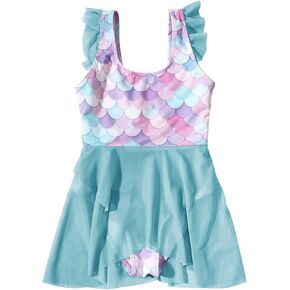 Girls Cute One Piece Swimsuit Ruffle Sleeve Mermaid Bathing Suits Tulle Dress Swimwear in Kuwait