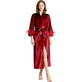 PRODESIGN Women Long Velvet Robe with Ostrich Feather Trim Soft Warm Bathrobe Pure Color Sleepwear in Kuwait