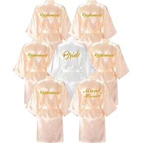 EPLAZA 7 Pcs Bride Bridesmaid Robes for Wedding Bridal Party Women Short Silky Satin Robe Kimono with Gold Glitters