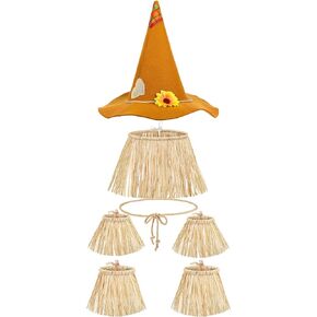 Geyoga 7 Pieces Scarecrow Costume Set Include Raffia Scarecrow Straw Kit Scarecrow Hat for Halloween Harvest Party Accessory