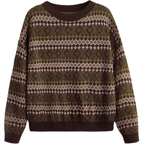 MakeMeChic Women's Plus Size Argyle Print Long Sleeve Vintage Pullover Sweater