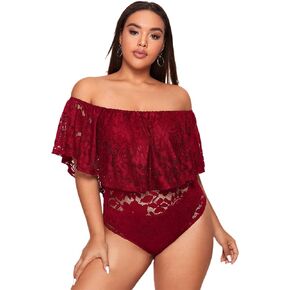 WDIRARA Women's Plus Size Off Shoulder Floral Lace Ruffle Trim Short Sleeve Bodysuit in Saudi Arabia