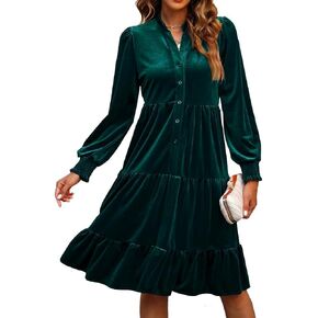CYLADY V Neck Velvet Dress for Women Long Sleeve Velvet Stretchy Mini Flowy Dress