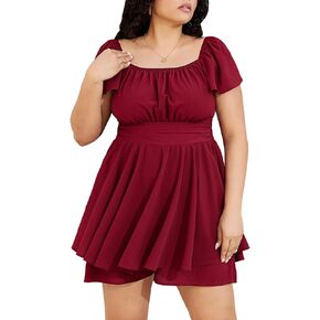 فستان Byinns نسائي مقاس كبير وأكمام مكشكشة وربطة عنق مربعة من الخلف على شكل حرف a واسعة الساق وجذابة وأنيقة in Kuwait