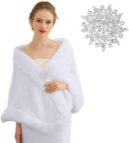 شال زفاف من الفرو الصناعي من كاسولفكس، شال شتوي من الفرو الصناعي للعرائس، شال لف من الفرو الصناعي بلون ابيض للعرائس ووصيفات العروس in Kuwait