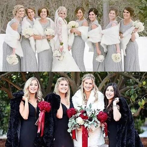 شال زفاف من الفرو الصناعي من كاسولفكس، شال شتوي من الفرو الصناعي للعرائس، شال لف من الفرو الصناعي بلون ابيض للعرائس ووصيفات العروس in Kuwait