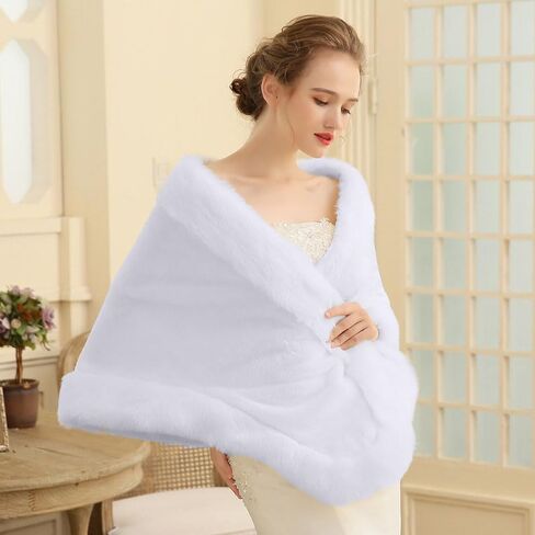 شال زفاف من الفرو الصناعي من كاسولفكس، شال شتوي من الفرو الصناعي للعرائس، شال لف من الفرو الصناعي بلون ابيض للعرائس ووصيفات العروس in Kuwait