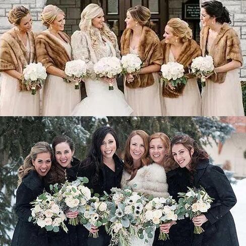 شال زفاف من الفرو الصناعي من كاسولفكس، شال شتوي من الفرو الصناعي للعرائس، شال لف من الفرو الصناعي بلون ابيض للعرائس ووصيفات العروس in Kuwait