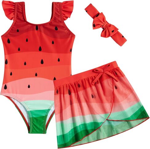 ملابس سباحة للفتيات من ALISISTER صيفية مكونة من 3 قطع ملابس سباحة للشاطئ مع تنورة وعصابة رأس لمدة 3-7 سنوات in Kuwait