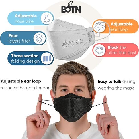 BOTN 50 قطعة كبيرة، لون أسود، KF94، للبالغين من الجنسين، قناع حماية وأمان، تصميم ثلاثي الأبعاد، حزام قابل للتعديل، صنع في كوريا in Kuwait