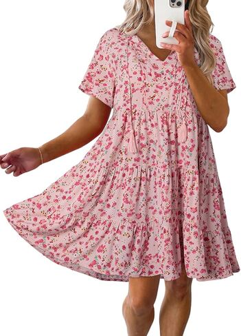 Dokotoo Womens Summer Casual Boho Floral Dresses V Neck Short Sleeve Flowy Swing A-Line Mini Dress in Saudi Arabia