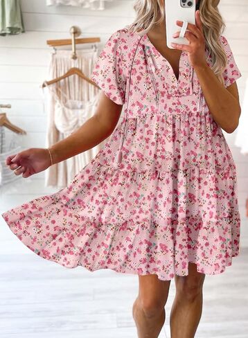 Dokotoo Womens Summer Casual Boho Floral Dresses V Neck Short Sleeve Flowy Swing A-Line Mini Dress in Saudi Arabia