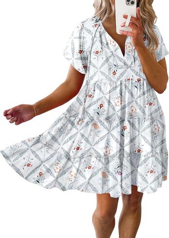 Dokotoo Womens Summer Casual Boho Floral Dresses V Neck Short Sleeve Flowy Swing A-Line Mini Dress in Saudi Arabia