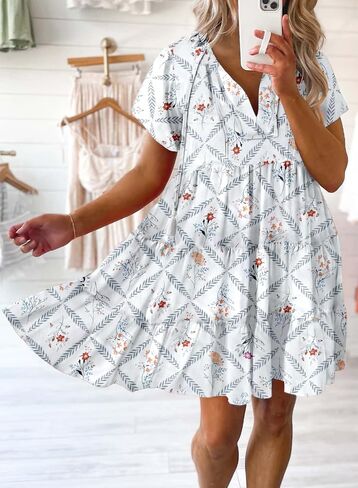 Dokotoo Womens Summer Casual Boho Floral Dresses V Neck Short Sleeve Flowy Swing A-Line Mini Dress in Saudi Arabia