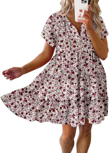 Dokotoo Womens Summer Casual Boho Floral Dresses V Neck Short Sleeve Flowy Swing A-Line Mini Dress in Saudi Arabia