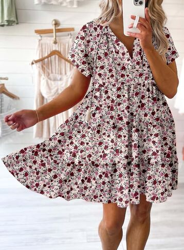 Dokotoo Womens Summer Casual Boho Floral Dresses V Neck Short Sleeve Flowy Swing A-Line Mini Dress in Saudi Arabia