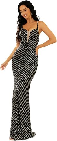 فستان Lin Lin Q نسائي رسمي طويل برقبة على شكل حرف V وحزام من الترتر، فستان حورية البحر بدون أكمام بدون ظهر in Kuwait