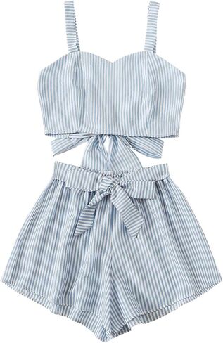 SweatyRocks Women's 2 Piece Outfits Summer Sleeveless Tie Back Crop Cami Top and Shorts Set in Saudi Arabia