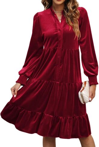 CYLADY V Neck Velvet Dress for Women Long Sleeve Velvet Stretchy Mini Flowy Dress in Saudi Arabia