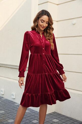 CYLADY V Neck Velvet Dress for Women Long Sleeve Velvet Stretchy Mini Flowy Dress in Saudi Arabia