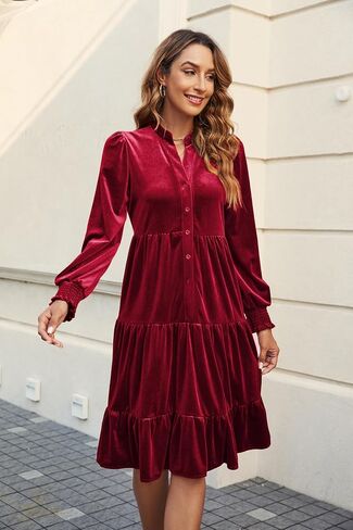 CYLADY V Neck Velvet Dress for Women Long Sleeve Velvet Stretchy Mini Flowy Dress in Saudi Arabia