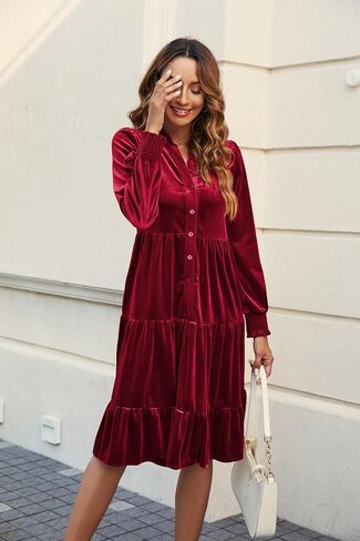 CYLADY V Neck Velvet Dress for Women Long Sleeve Velvet Stretchy Mini Flowy Dress in Saudi Arabia