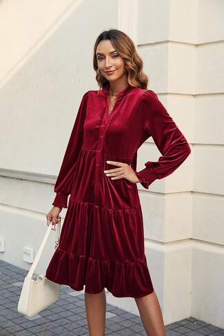 CYLADY V Neck Velvet Dress for Women Long Sleeve Velvet Stretchy Mini Flowy Dress in Saudi Arabia