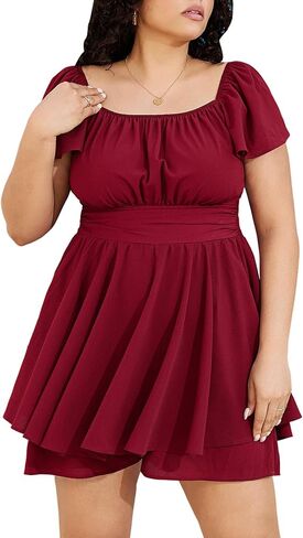 فستان Byinns نسائي مقاس كبير وأكمام مكشكشة وربطة عنق مربعة من الخلف على شكل حرف a واسعة الساق وجذابة وأنيقة in Kuwait