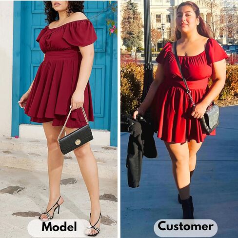 فستان Byinns نسائي مقاس كبير وأكمام مكشكشة وربطة عنق مربعة من الخلف على شكل حرف a واسعة الساق وجذابة وأنيقة in Kuwait