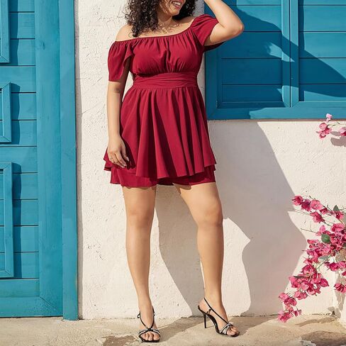 فستان Byinns نسائي مقاس كبير وأكمام مكشكشة وربطة عنق مربعة من الخلف على شكل حرف a واسعة الساق وجذابة وأنيقة in Kuwait