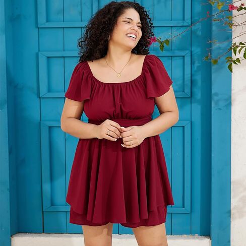 فستان Byinns نسائي مقاس كبير وأكمام مكشكشة وربطة عنق مربعة من الخلف على شكل حرف a واسعة الساق وجذابة وأنيقة in Kuwait