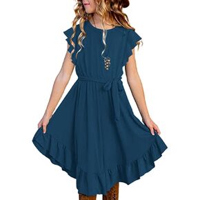 فستان KYMIDY للفتيات بأكمام مكشكشة متأرجحة للأطفال، فساتين كاجوال بحزام مع جيوب للفتيات من سن 6 إلى 12 سنة in Kuwait