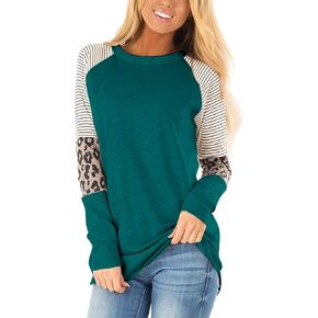 HARHAY 2022 Women's Leopard Print Color Block Tunic Round Neck Long Sleeve Shirts Striped Causal Blouses Tops