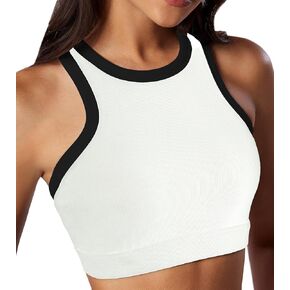 Move With You Womens Ribbed Sports Bra Tank with Padding Workout Fitness High Neck Racerback Yoga Bra