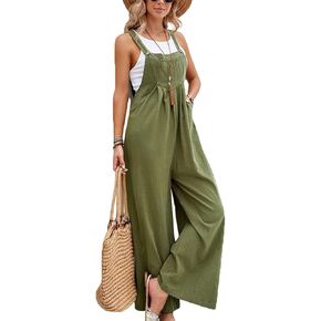FuraHa Women's Cotton Linen Overalls Rompers Baggy Casual Loose Sleeveless Bib Wide Leg Long Pant Jumpsuit with Pockets in Kuwait