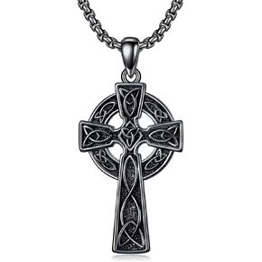 PDTJMTG Irish Cross Necklace for Men Sterling Silver Celtic Knot Cross Pendant with 22"+2" Stainless Steel Chain Shamrock Tree fo Life Gift for Men Women