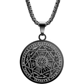 Yaumatea Seven Archangels Pendant Necklace For Men Women Protection Amulet Archangel Michael Coin Pendant Necklace Gabriel Uriel Spiritual Stainless Steel Medal Necklace 24 inches