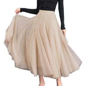 KAICAILA Women's A-line Tulle Skirts Lined Elastic Waist High Waist Skirt Midi Lace Long Pleated Mesh Skirt
