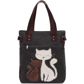 Valentoria Cute Cat Multifunction Canvas Zipper Handbag Shoulder Lunch Tote Bag