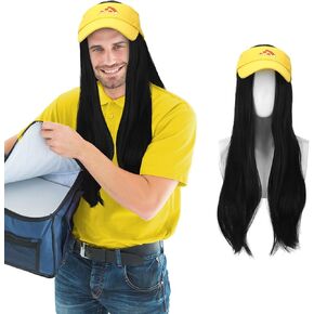 Tigeen 2 قطعة أزياء الهالوين بوي بيتزا للبالغين بطول 28 بوصة شعر مستعار أسود ومجموعة قناع بيتزا أصفر in Kuwait