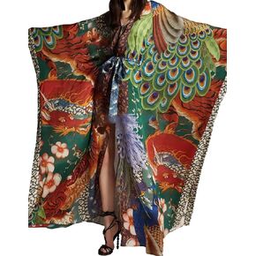 Dectinsign Women's Beach Cover up Dragon and Phoenix Beach Blouse Kimono Cardigan Vacation Robe Bikini Cover Up One Size in Saudi Arabia