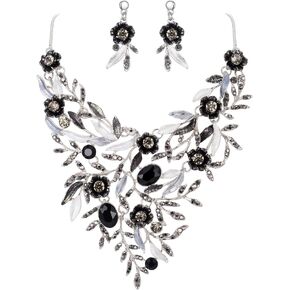 BriLove Wedding Bridal Leaf Cluster Jewelry Set for Women Crystal Flower Enamel Statement Necklace Dangle Earrings
