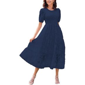 SDEER Women's Smocked Flutter Short Sleeve Midi Dress Summer V Neck Pleated Layered Dress