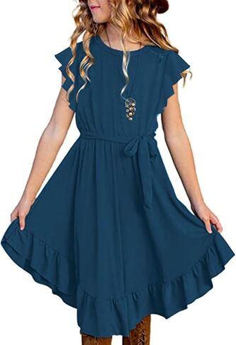 فستان KYMIDY للفتيات بأكمام مكشكشة متأرجحة للأطفال، فساتين كاجوال بحزام مع جيوب للفتيات من سن 6 إلى 12 سنة in Kuwait