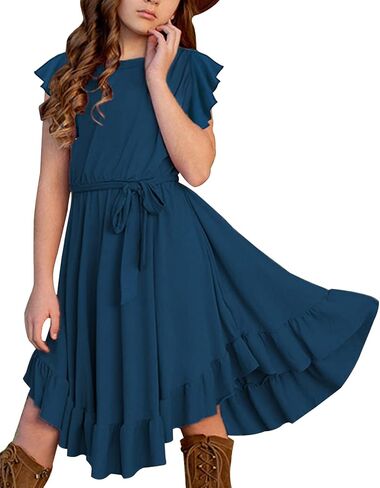 فستان KYMIDY للفتيات بأكمام مكشكشة متأرجحة للأطفال، فساتين كاجوال بحزام مع جيوب للفتيات من سن 6 إلى 12 سنة in Kuwait