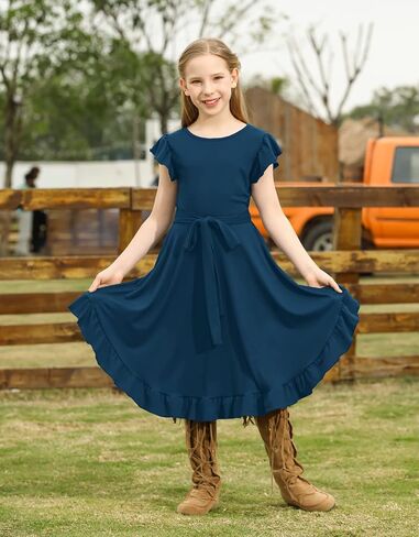 فستان KYMIDY للفتيات بأكمام مكشكشة متأرجحة للأطفال، فساتين كاجوال بحزام مع جيوب للفتيات من سن 6 إلى 12 سنة in Kuwait